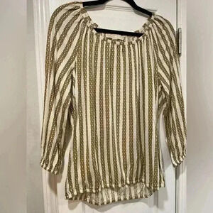 Michael Kors Chain Link Print Striped Blouse Scoop Neck Long Sleeve Size Small